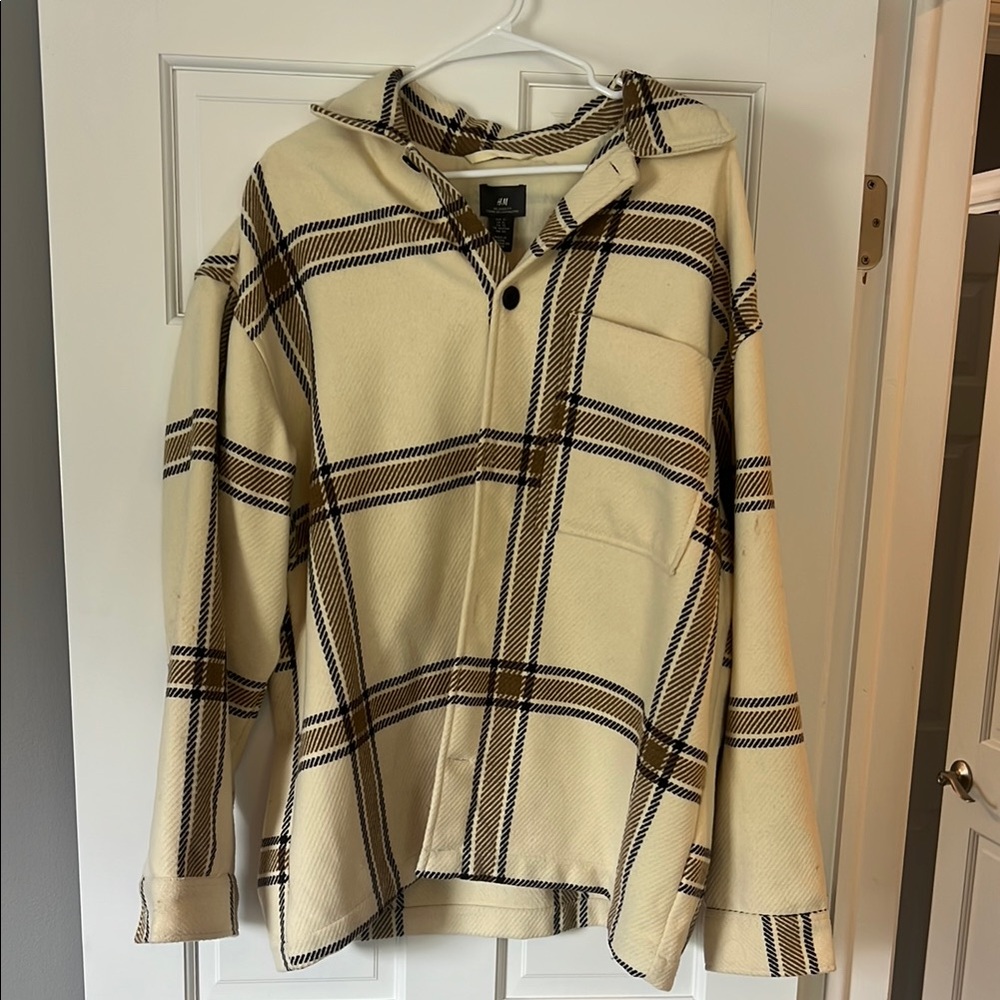 H&M Cream and Black Plaid Shirt Jacket